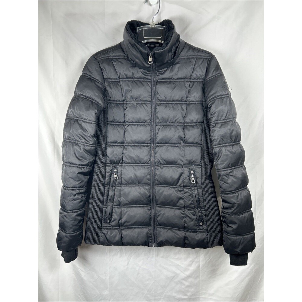 Nautica Black Puffer Jacket Women’s Small Gorpcore Fur Trim Zipper Long Sleeve